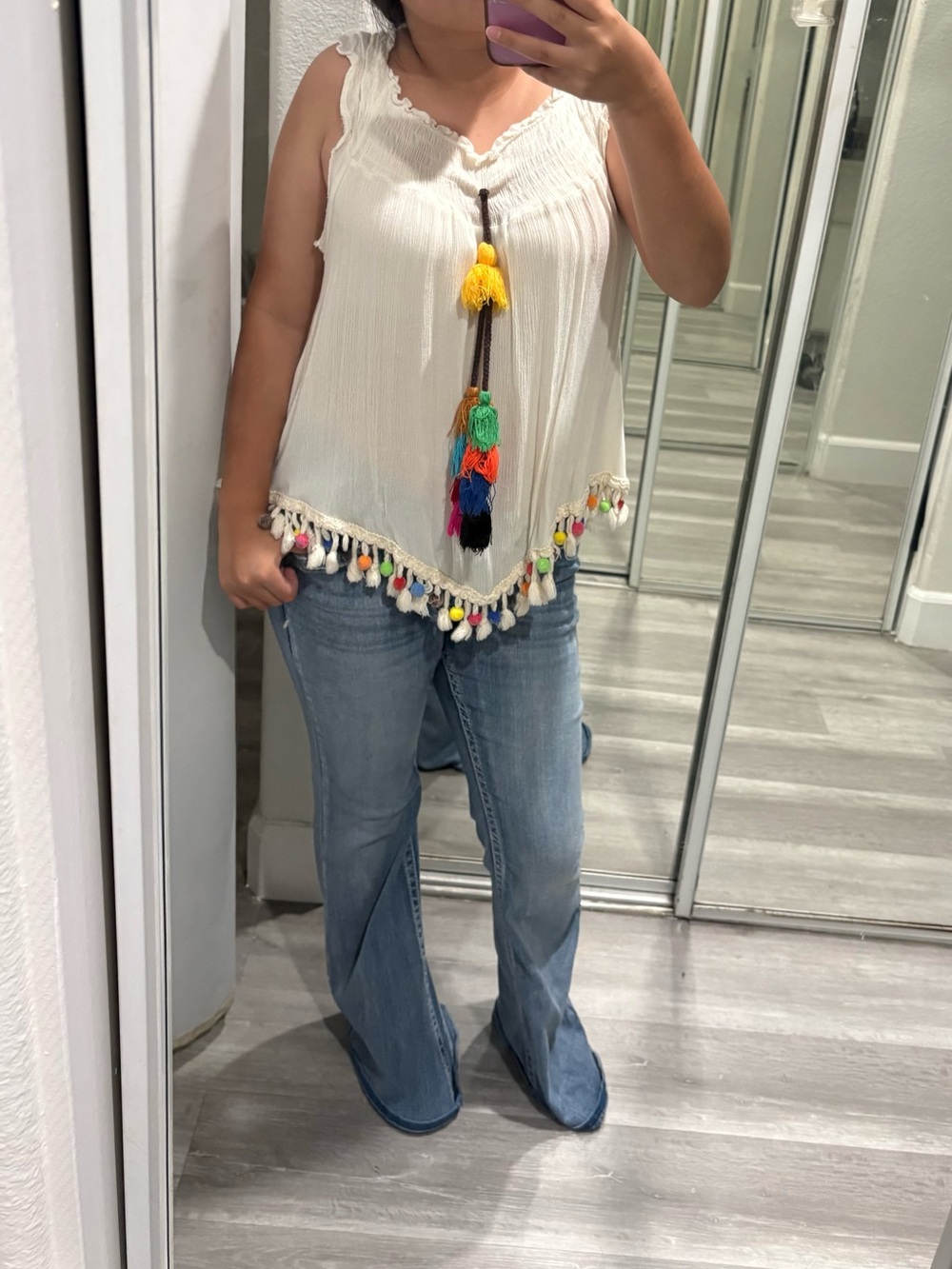 Cream Tassel Pom Trim Sleeveless Top